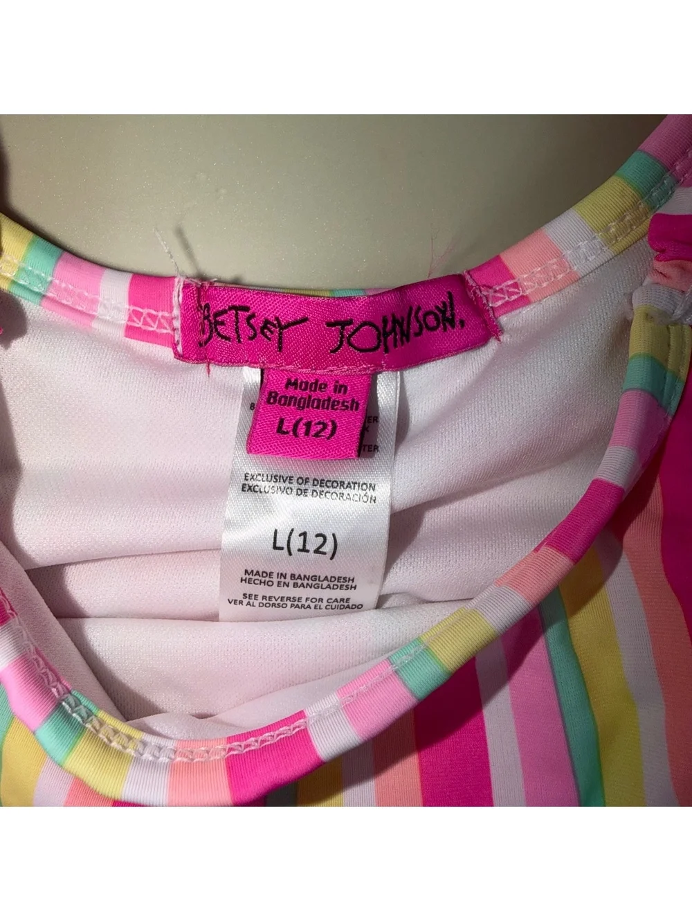 Betsey Johnson Girls Size 12 Two Piece Swimsuit Pink Rainbow Stripe Pom Pom